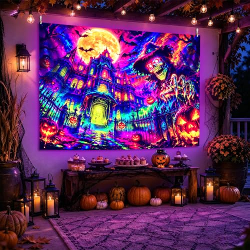 Halloween Skeleton Manor Blacklight Tapestry - 90x70 Inches Glow-in-The-Dark Wall Hanging