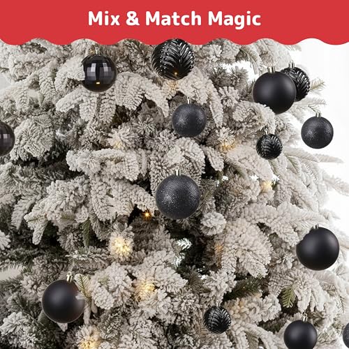Black Christmas Ornaments Set - 36 Shatterproof Balls in 6 Styles & 3 Sizes