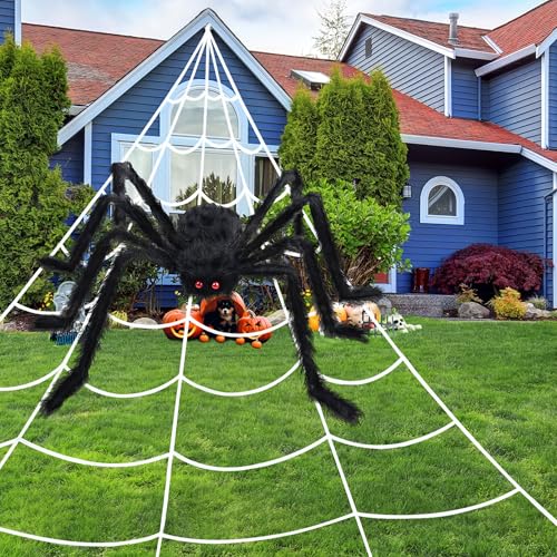 200-Inch Halloween Spider Web and 59-Inch Giant Fake Spider Decorations Outdoor Yard Indoor Party Decor