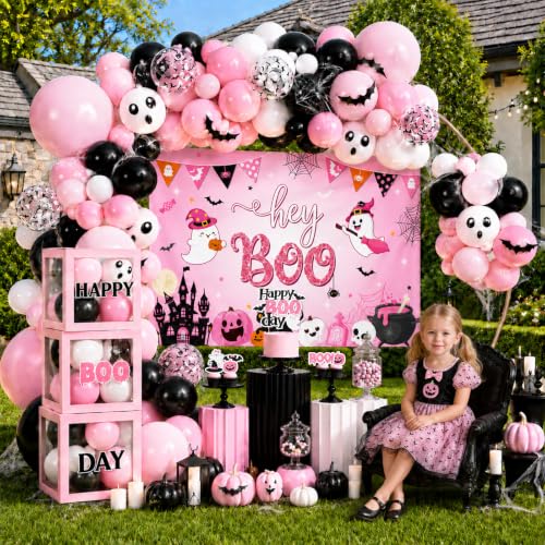 Pink Halloween Birthday Party Decorations Set with Balloon Arch, Plates, Napkins & More
