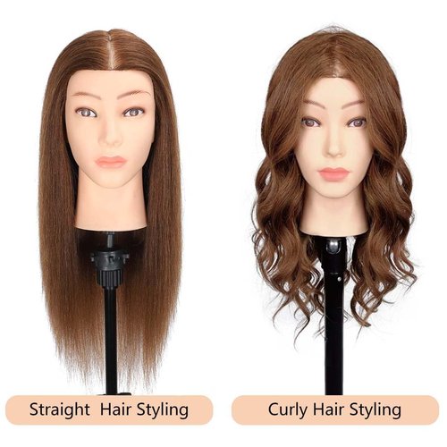 MQHIHI Mannequin Head Human Hair, 100% Real Hair Cosmetology Manikin Head for Practice Braiding Hairstyling Cutting with Free Clamp Holder and Tools (100% Brown)