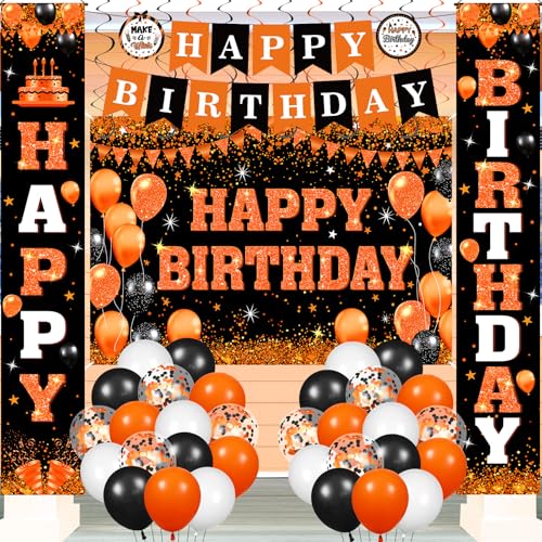 Orange and Black Birthday Party Decorations Set with Banner Balloons & Swirls