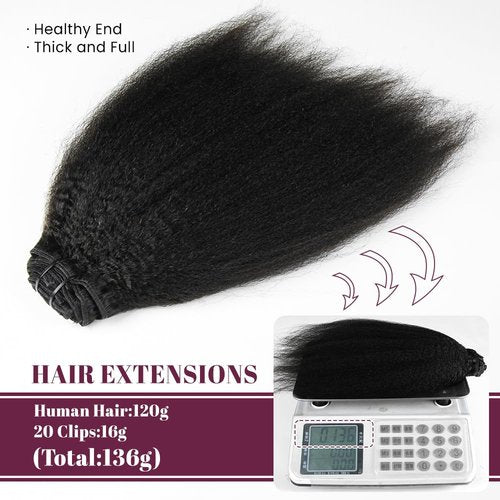 KRN Clip in Real Human Hair, 136g 8pcs Natural Black Hair Extensions Clip ins for Black Women Full And Thick Kinky Straight Clip in Human Hair Extensions 20 Clips Easy to Wear 14 Inch
