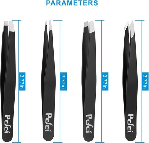 Pefei Tweezers Set - Professional Stainless Steel Precision Tweezers for Eyebrow & Facial Hair Removal | Black