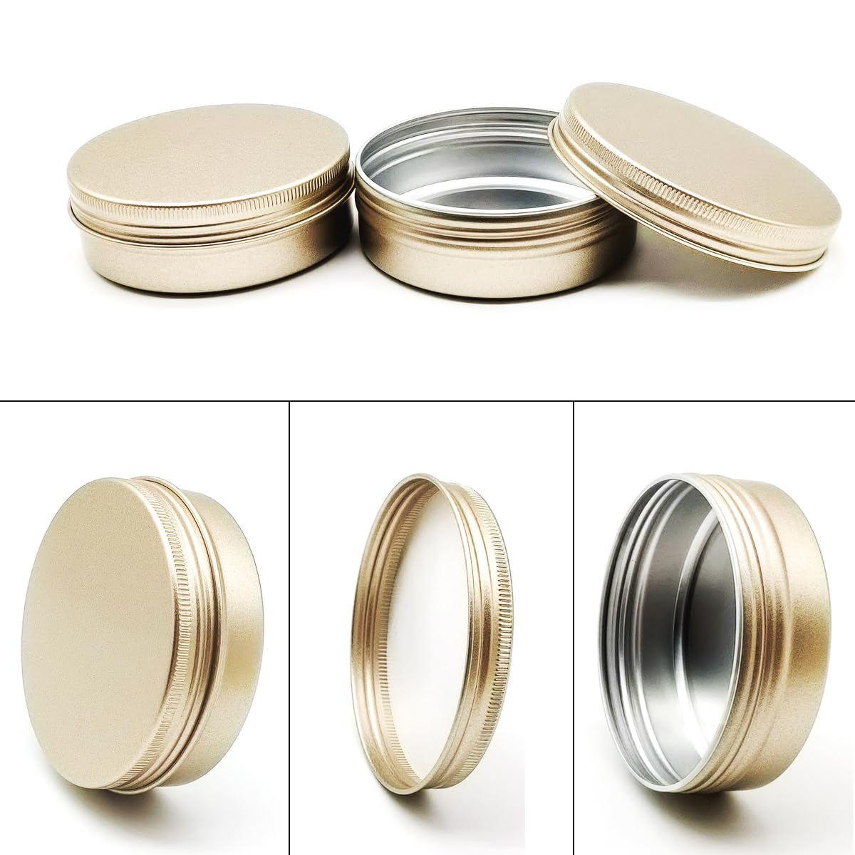 Wopanxye Aluminum Tin Cans, 6pcs 100ml/3oz Metal Round Storage Tin, 100gram Makeup Sample Container, Empty Travel Tins for Candle, Salve, Cosmetics, Face Cream, Lip Gloss Balm, Paints, Tea, Matte-Gold