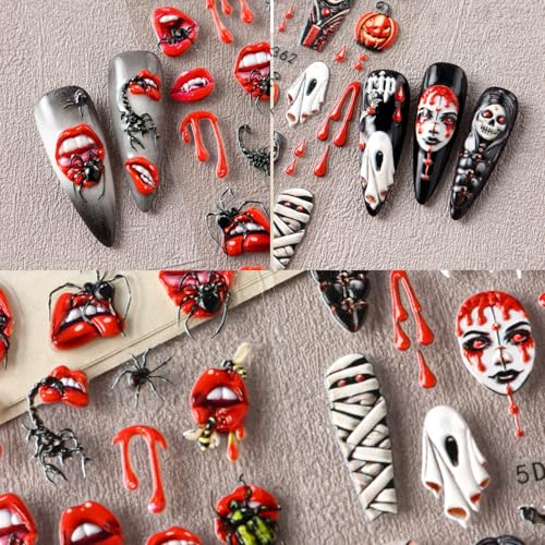 Halloween Nail Art Stickers 5D Embossed Horror Design - Colorful, 2 Sheets