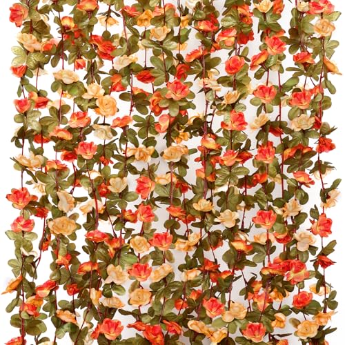 Orange Artificial Flower Garland 9 Pack - 72 FT Silk Rose Vines for Wedding Decor