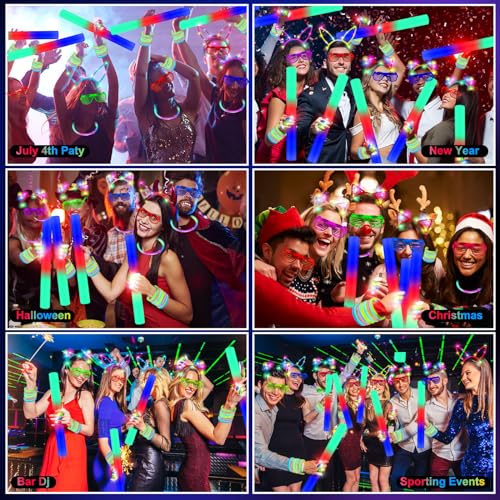 Glow in the Dark Party Supplies Set with LED Glasses, Foam Sticks & Headbands for Events