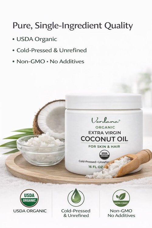 Verdana Extra Virgin Organic Coconut Oil for Skin – Rich Daily Moisturizer for Body & Dry Skin, Also for Hair Care – Unrefined, Cold Pressed, USDA Organic, 16 fl oz Jar