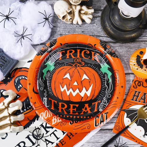 Halloween Disposable Dinnerware Set for 24 Guests - Pumpkin, Bat & Cat Design