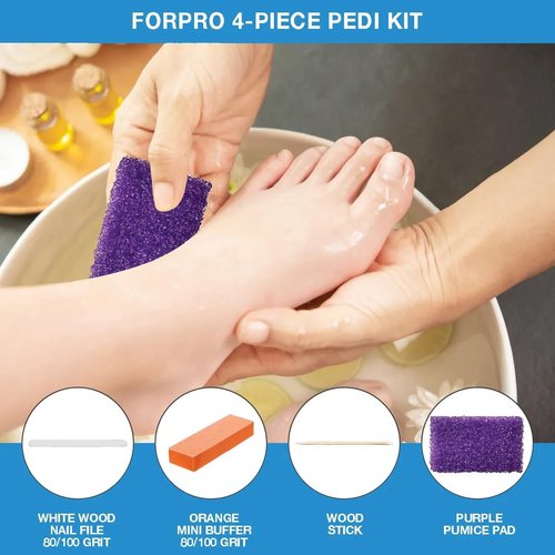 ForPro 4-Piece Pedi Kit, 100-Count, Individually-Packed Pedicure Set, Purple Pumice Pad, White Wood Nail File 80/100 Grit, Orange Mini Buffer 80/100 Grit, Wood Stick