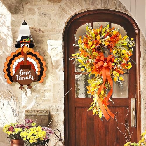 Thanksgiving Wooden Door Wreath - Large Turkey & Pumpkin Fall Decor - Bow Tie Variation