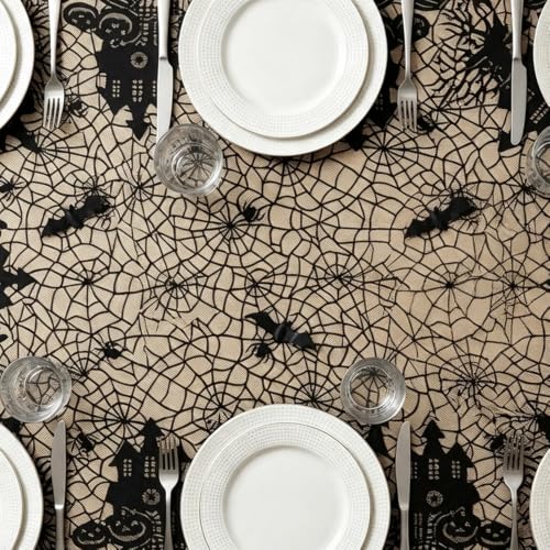 House Halloween Spider Web Lace Tablecloth 54x72 Inch - Gothic Decor
