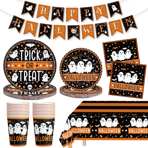 Halloween Disposable Tableware Set - Ghost & Trick or Treat Plates Napkins Cups Banner - 82 Pcs