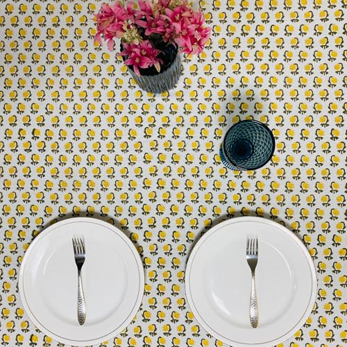 Ridhi Vintage Yellow Hand Block Print Cotton Dining Tablecloth 160x72 Rectangular