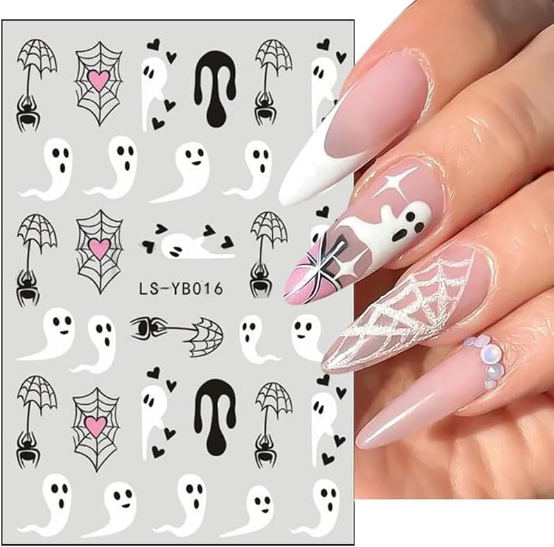 Qdsuh Halloween Nail Stickers - Pink Skull 3D Self-Adhesive Decals for Nail Art & DIY Party Decor