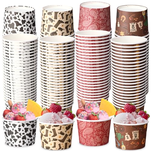 100 Pack Western Cowboy Ice Cream Paper Cups 8 oz Dessert Bowls