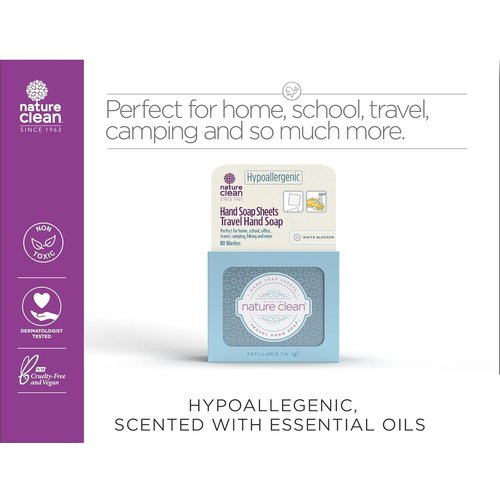 Nature Clean travel hand soap sheets for traveling - non-toxic, hypoallergenic, mini biodegradable paper soap sheets for travel, dissolvable portable soap for camping essentials refill - 80 units