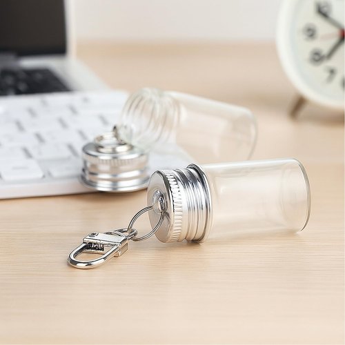Doromy 12 Packs 7ml Mini Glass Bottle Keychain with Screw Cap Small Clear Vials with Metal Key Ring Clear Glass Storage Jars for Crafts, Perfume, Essential Oils, Travel