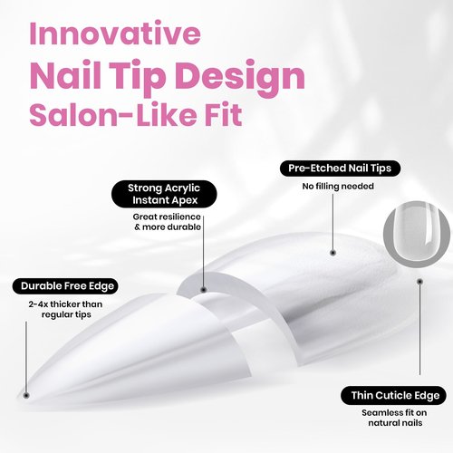 Beetles Tipex Instant Apex Nail Tips, Almond Medium, 16 Sizes (00-14), 224PCS with 20g Tipex Solid Nail Glue, Thick Strong Tips with Built-In Apex for DIY Extensions