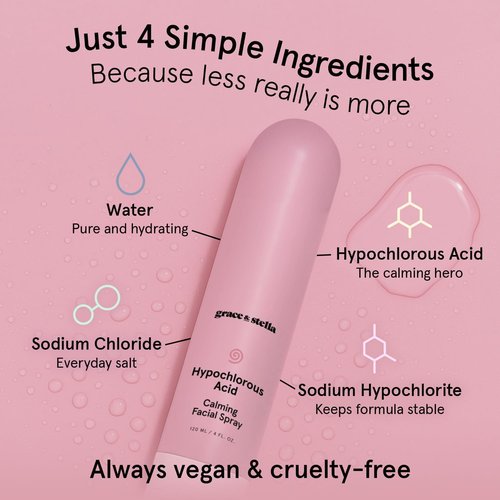 grace & stella Hypochlorous Acid Spray for Face - Body Acne Spray - Gentle Face Mist to Calm Redness & Flare-Ups Back Acne - Soothing Facial Mist for Sensitive Skin - Travel Size (60 ml/2 fl oz)