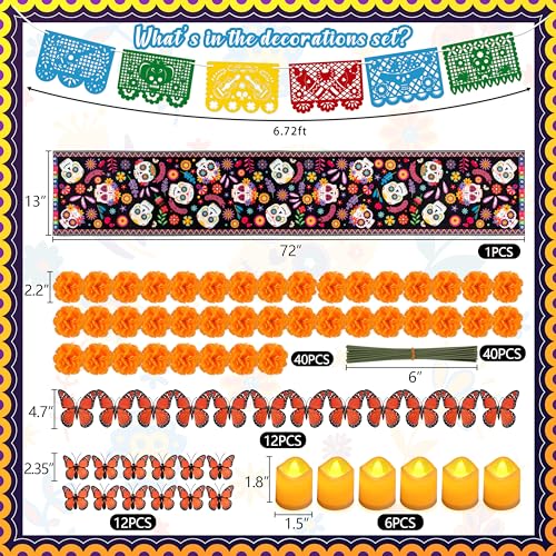 Dia De Los Muertos Decorations Set - Table Runner Banner Candles Butterflies