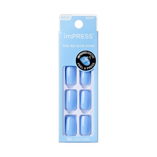 KISS Impress No Glue Mani 30 Pcs Press on Nails, Medium Squoval Design Nail, Solid Sky Blue Print, Simple Peel & Press Easy Apply, Hassle-Free Removal, Essential Tools Included
