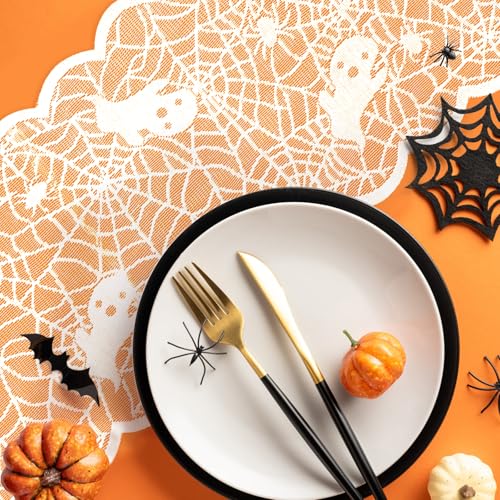 Spider Ghost Halloween Table Runner 13x72 Inch White Lace Web Decor - 2 Pack