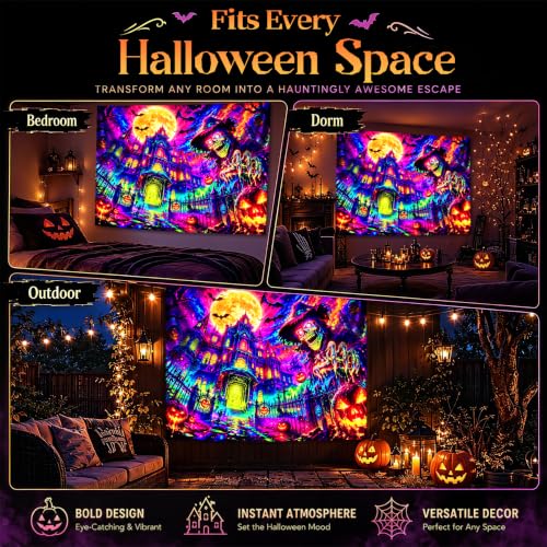 Halloween Skeleton Manor Blacklight Tapestry - 90x70 Inches Glow-in-The-Dark Wall Hanging
