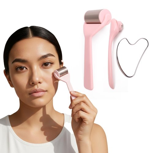 JACCOBEE Ice Roller for Face&Eyes with Gua Sha Facial Tool, 3-Pcs Stainless Steel Facial Massage Tool Sets for Face Jawline Shaper, Double Chin Reducer, Puffiness Reducing, Lymphatic Drainage