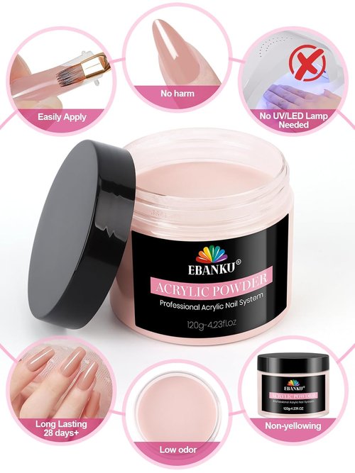 EBANKU Acrylic Nail Powder - Rosy Colors, 120g | Professional Long-Lasting Formula, No Lamp Needed