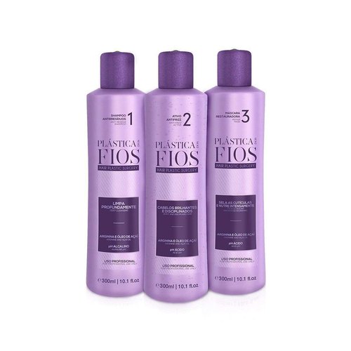 Plastica Dos Fios Brazilian Keratin Hair Smoothing System - Anti-Residue Shampoo & Repair Mask Set (3x300 ML)