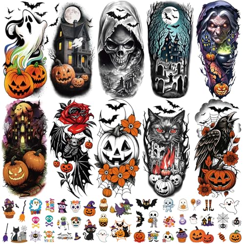 Halloween Temporary Tattoos Set - 77 Pieces with Half Sleeve and Small Designs - Kids & Adults - Halloween Tattoos