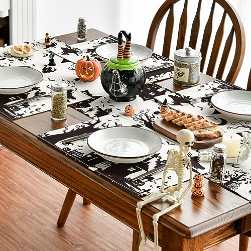 Halloween Haunted House Ghost Witch Placemats Set of 4 - 12x18 Inch Fall Holiday Table Decor, Rectangular Beige Variation