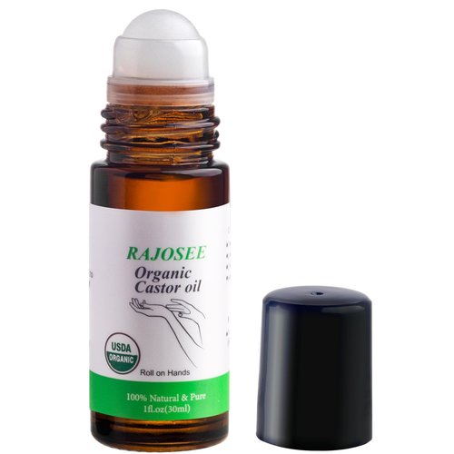 RAJOSEE Castor Oil Roll on in Glass Bottle, Certified Organic Castor Oil Roller for Body Hair Skin Lip Eyebrow Pure Organic Cold Pressed Essential Oil - 1fl.oz