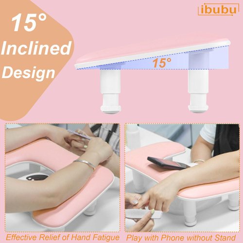 ibubu Manicure Big Nail Arm Pillow Rest U-Shaped Height Adjustable Armrest PU Leather Hand Stand Rest for Nails Tech Pink