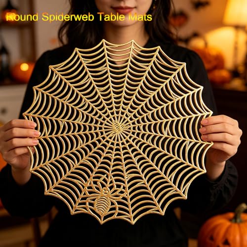 Gold Spider Web Placemats Set of 4 - Round Halloween Table Decor