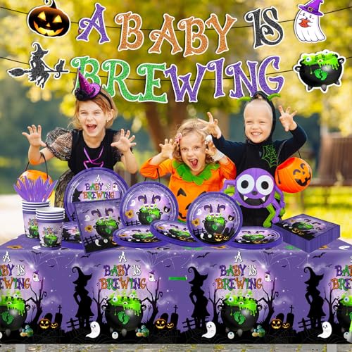 Halloween Baby Shower Party Supplies 142pcs Tableware Set with Plates Cups Napkins Banner & Tablecloth