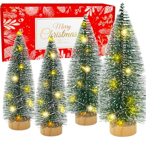 Mini Christmas Tree with Lights Set of 4 - Bottle Brush Trees with Wooden Base