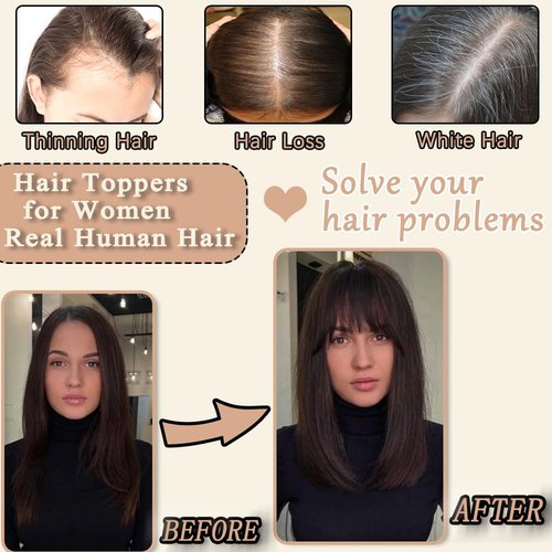 HVVZOY Hair Toppers for Women Real Human Hair, 360° 3D Real Human Hair Toppers for Women with Thinning Hair Clip in Bangs Big Coverage 12 Inch Hairpieces (1B, 3D Wispy Bangs 10x11)
