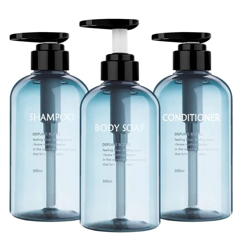 3pcs Refillable Shampoo and Conditioner Bottles, 16.9oz/500ml Shampoo Conditioner Body Wash Dispenser for Hotel Bathroom, 3pcs Plastic Shampoo Bottles with Pump (Blue)