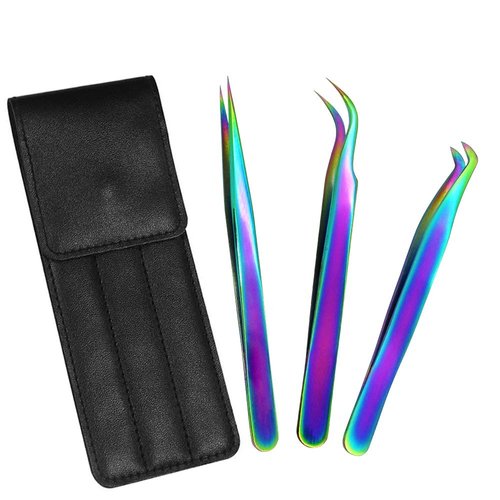 Quewel Eyelash Extension Tweezers Set Eyelash Applicator Tool Curved and Straight pointed Tweezers Lash Extension Supplies Stainless Steel Precision Tweezers Silver (3 pcs, Rainbow)