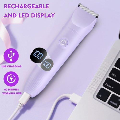 Bikini Trimmer for Women, 3 in 1 Electric Razors for Women, Waterproof Pubic Hair Trimmer and Facial Hair Remover, Rechargeable Electric Shaver for Underarm Leg Arm Body with LED Display
