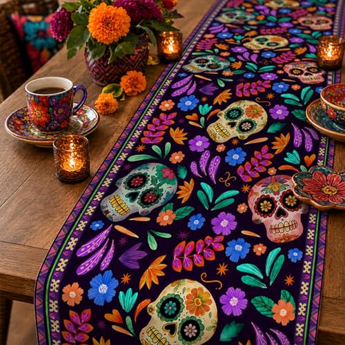 Dia De Los Muertos Table Runner 13x72 Inch Rustic Linen Mexican Sugar Skull Day of The Dead Decor