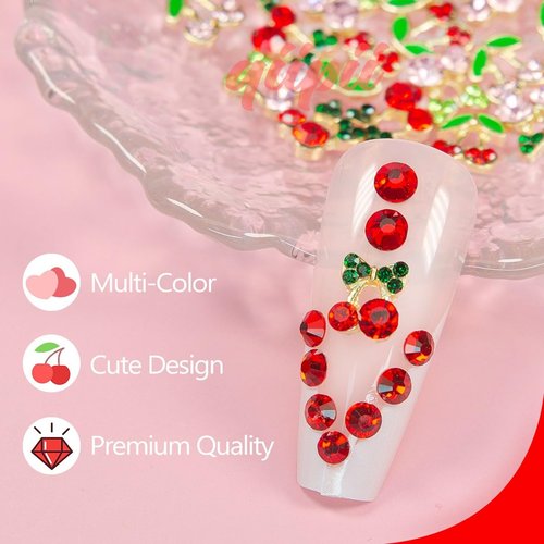 qiipii 52Pcs 4 Styles 3D Cherry Nail Charms Red Pink Cherries Nail Art Rhinestones Shiny Gems Studs Cute Fruit Diamonds Crystals Luxury Jewelry Supplies for Nails Face Makeup Women DIY Crafts Phones