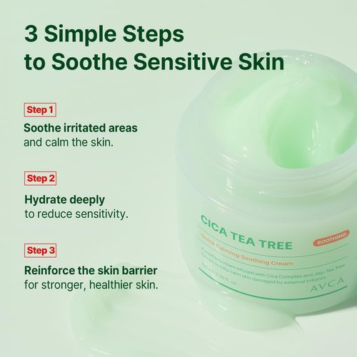 AVCA Quick Calming Cica Tea Tree Cream - Soothing Moisturizer for Sensitive Skin | 100ml (3.38 fl. oz)
