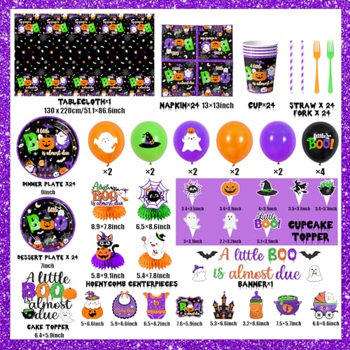 Halloween Baby Shower Decorations Party Supplies 197Pcs Boo Theme Tableware Set Black & Spooky