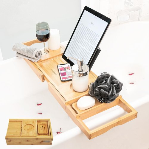 Foldable Bathtub Tray Caddy - Expandable Bath Tray for Tub | Secure, Non-Slip Bathtub Caddy for Tub for Bath Accessories, Self Care Home Spa Gift Set, Relaxing Gifts for Women, New Moms, House Warming