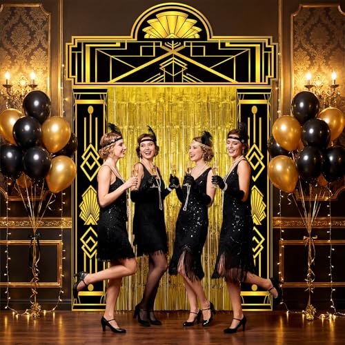 1920s Speakeasy Party Decorations Gold Foil Curtain Backdrop & Balloons