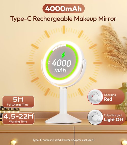 Glowtop Lighted Makeup Mirror with Lights, Height Adjustable 30X Magnifying Vanity Mirror with 4000mAh Rechargeable Battery & 3 Colors Dimming Light for Desktop Bathroom Bedroom
